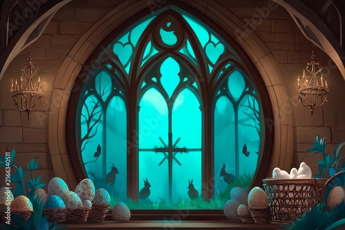 Easter postcard design featuring gothic cathedral arches and colorful eggs