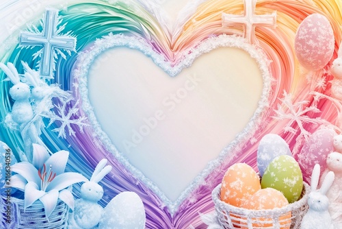 Colorful icy vortex frame showcasing Easter symbols in a heart shape