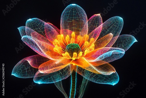 Symmetrical flower with glowing petals shines brightly in a dark setting