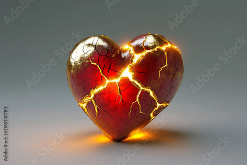 Mending a cracked heart with glowing gold veins in a mystical environment