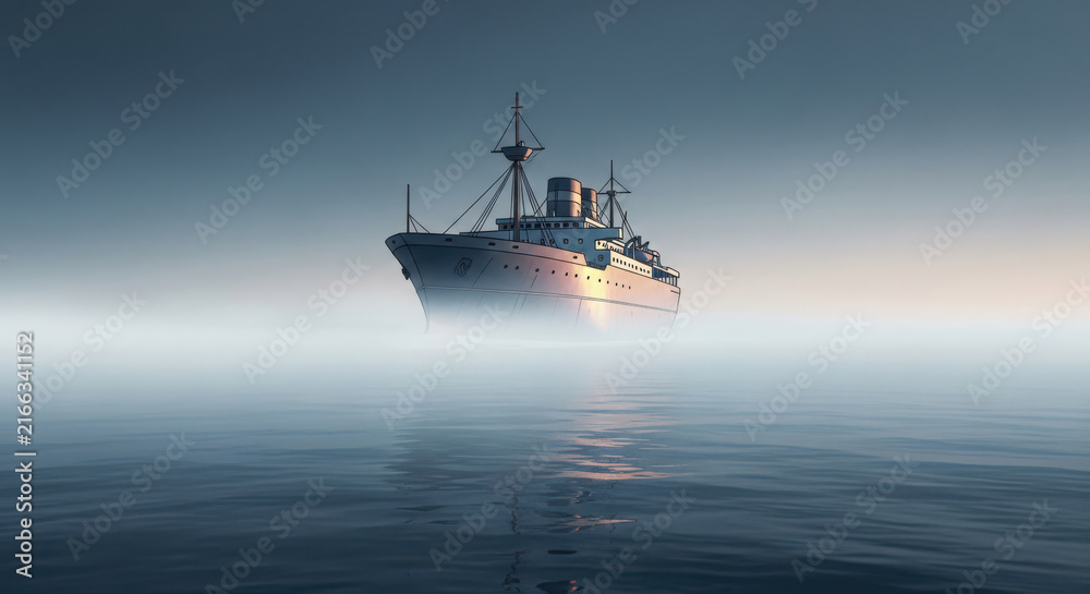 Fototapeta premium Majestic vintage ocean liner cruise ship sailing through thick morning fog on calm blue water with soft golden sunlight illumination