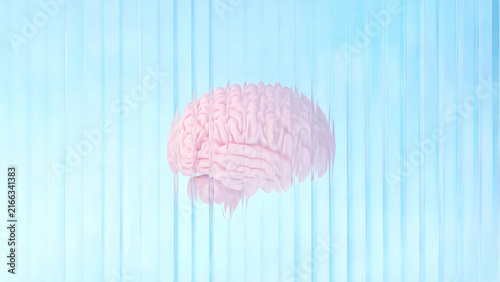 A 3D rendered pink human brain with glitch distortion, set against a light blue striped background, representing neuroscience and mental concepts.