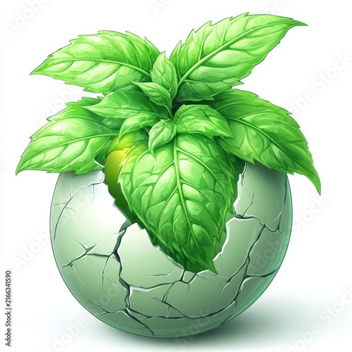 Mint leaves burst from a cracked sphere symbolizing nature's strength and renewal
