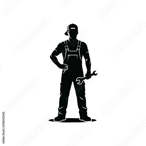 Mechanic with wrench silhouette logo