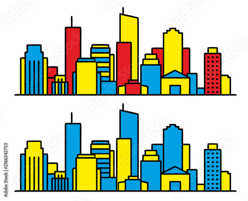 City skyline illustration using primary colors and outline