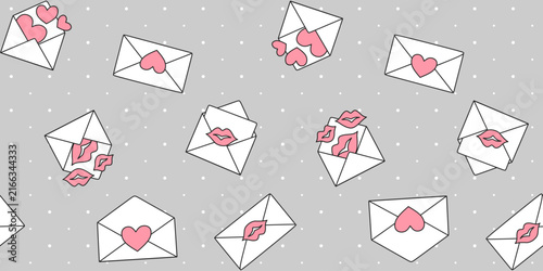 Mailing envelopes with pink hearts and kisses on a grey polka dot background. Valentine's day endless texture with love letters. Vector seamless pattern for wrapping paper, surface texture or printing