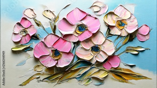 Pink flowers against a soft blue backdrop capture the essence of spring