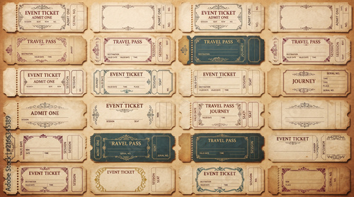 Vintage event tickets arranged in a grid on aged paper background