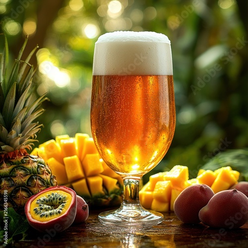 A crystal glass of golden beer stands tall amid vibrant fruits under the sun