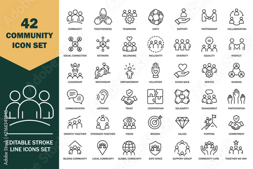 Diverse People Group Connection Icons in Flat Line Style with Clean Background for Social Concepts