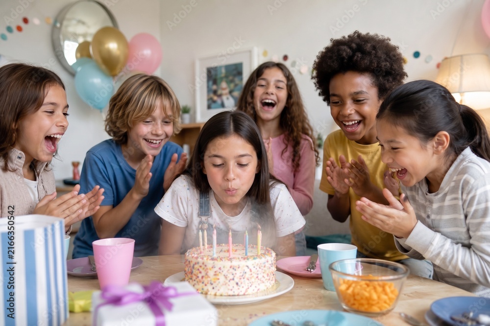 Fototapeta premium Girl blowing out birthday candles surrounded by friends