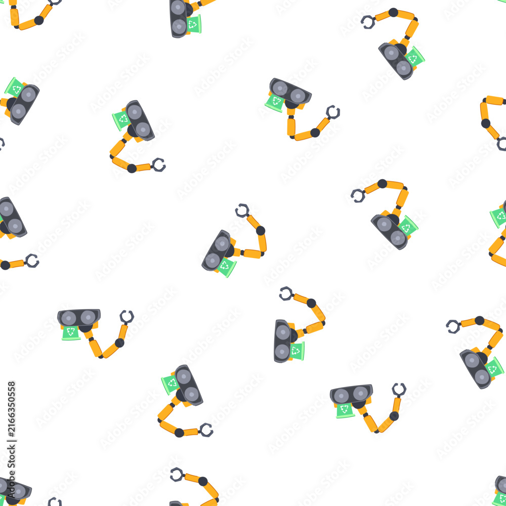 Naklejka premium pattern ai mini robot sorting trash cartoon. sustainability innovation, efficiency waste, environment smart ai mini robot sorting trash sign. seamless symbol vector illustration