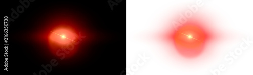 Red lens flare set on black and transparent background. Glowing light effect with stars and optical streaks