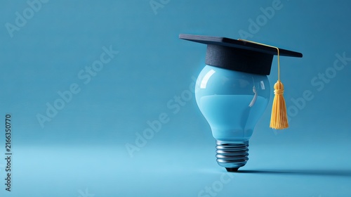 Futuristic Smart Education Concept with Glowing Light Bulb and Graduation Cap on Blue Background for Digital Learning Innovation Technology and Academic Ideas

