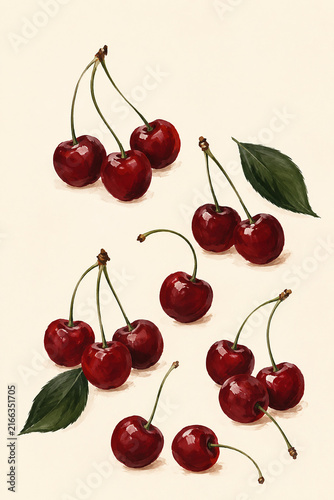 Fresh Red Cherries with Green Leaves, Minimal Gouache Food Illustration