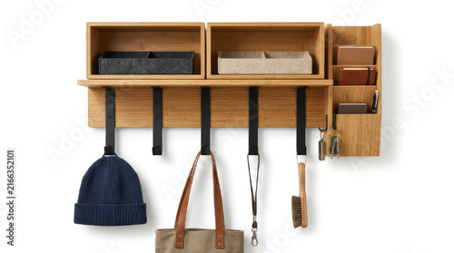 Wooden wall organizer with hooks and shelves for accessories.
