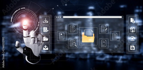 Futuristic Technology Concept of Robotic Hand Interacting with Digital Files and Folders in a Virtual Environment for Data Management and Organization. Glyphic.