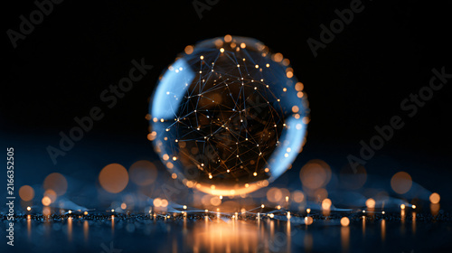 Abstract digital network sphere, glowing with interconnected nodes, symbolizing global data, artificial intelligence, and future technology on a reflective dark surface