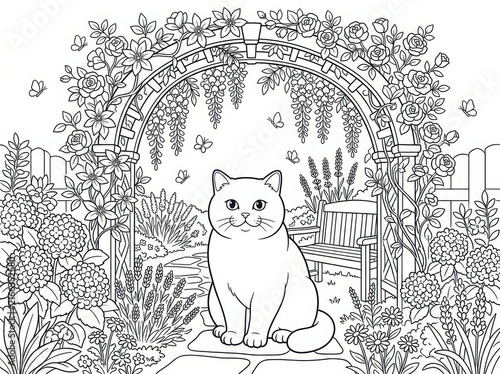 Coloring page for adults featuring a cute cat sitting under a beautiful floral garden arch with butterflies and a wooden bench, intricate line art illustration