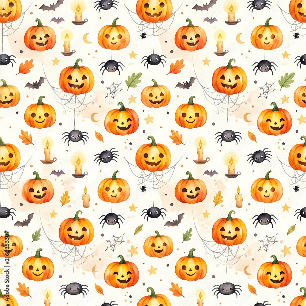 Obraz premium Cute Watercolor Halloween Seamless Pattern
