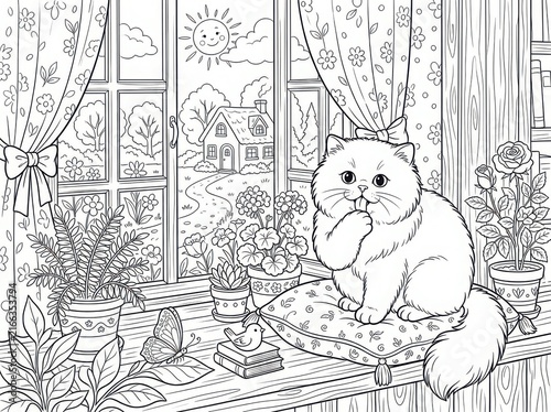 Cute fluffy white kitten sitting by a sunny window with floral curtains and potted plants