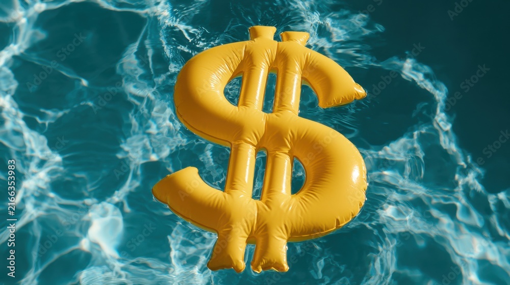 Obraz premium Bright yellow inflatable dollar sign floating on clear blue swimming pool water with light reflections creating a summer financial symbol concept