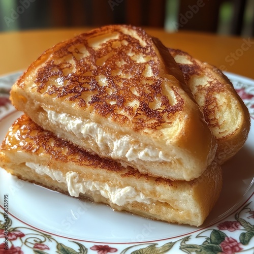 Mouthwatering French toast nestled with fluffy cream served in a charming setting
