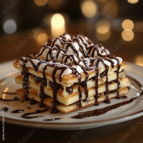A warm evening at a cozy cafe enjoying a decadent dessert of waffles with chocolate