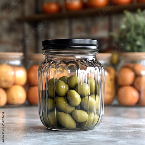 Bright green olives rest in a glass jar with a black lid against a warm kitchen backdrop