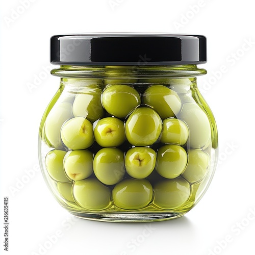 Bright green olives packed in a clear jar create a delightful kitchen display