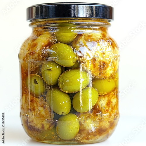 Green olives rest in a savory marinade capturing bright flavors in a glass jar