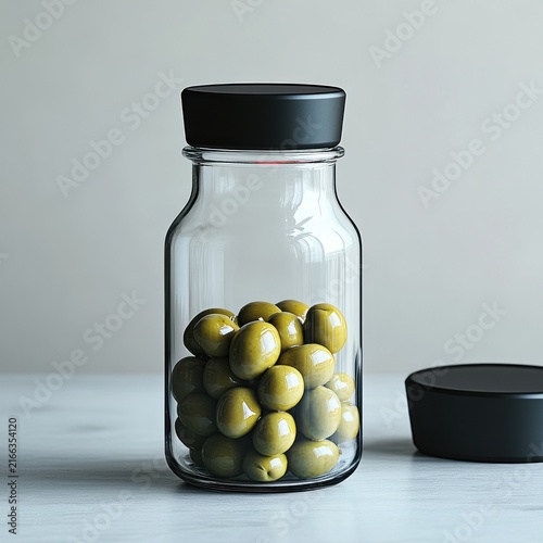 Glass container showcases plump green olives inviting a touch of culinary delight