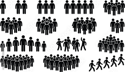 Collection of various black stick figure icon groups representing different crowd sizes and social gathering formations