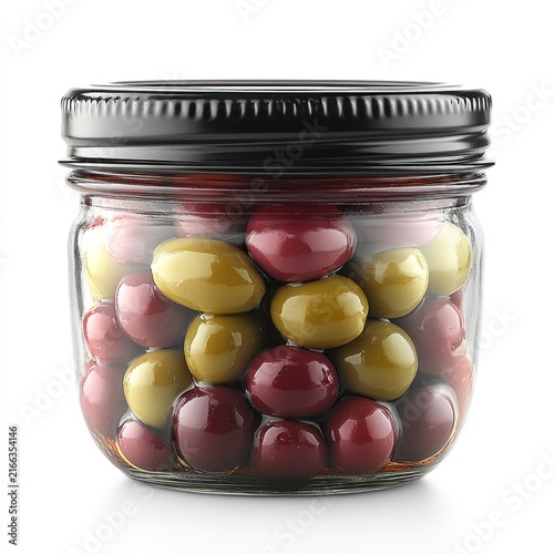 A jar of vibrant green and red olives awaits enjoyment on a clean surface