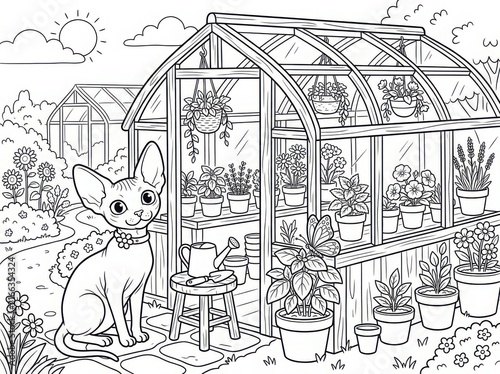Sphynx cat sitting in front of a greenhouse filled with potted plants and flowers in a sunny garden, coloring page for kids and adults