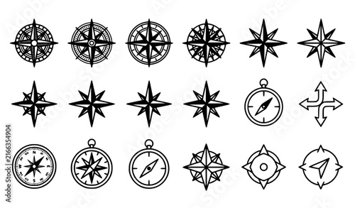 Compass Rose Icon Set with Black Silhouette and Line Art Navigation Star Symbols for Travel and Nautical Design