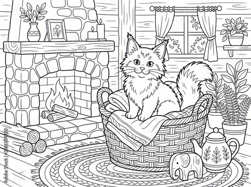 Whimsical cartoon cat sitting in a woven basket surrounded by decorative elements and plants