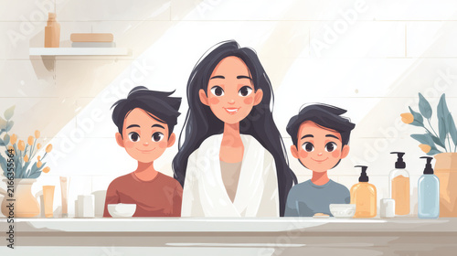 Mother and sons enjoying a family skincare routine at home in the bathroom