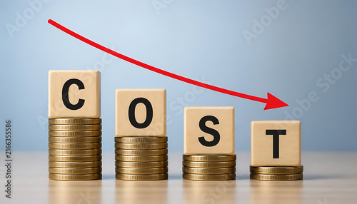 This image visually represents a cost reduction or financial savings concept, illustrating a downward trend in expenses