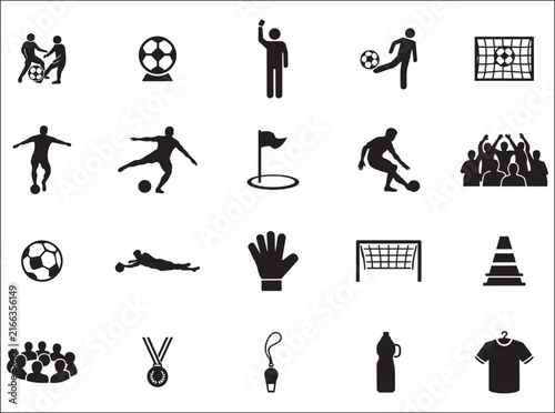 Soccer match elements featuring balls players referees and stadium gear in dark solid icon style.