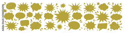 Gold speech bubbles and comic starburst explosion shapes vector set isolated on white background. Boom clouds, retro chat frames, and sale stickers.