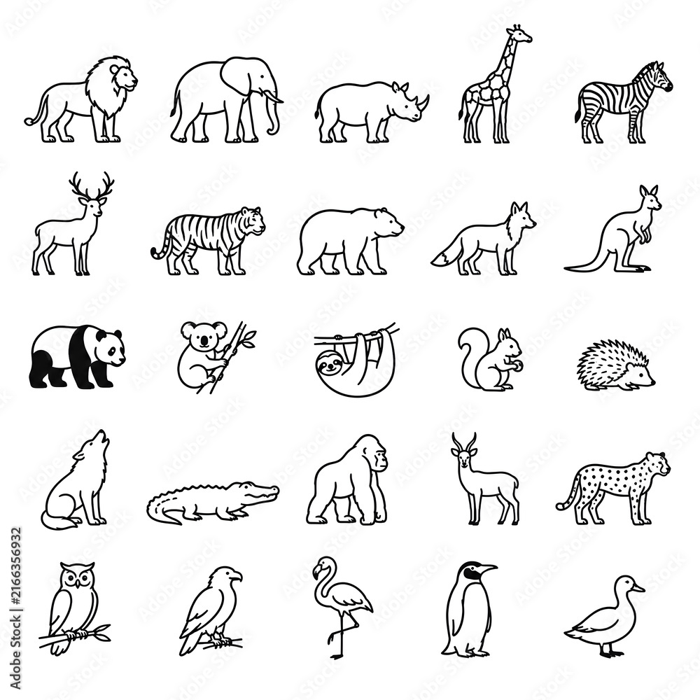 Naklejka premium Collection of minimalist animal outline icons featuring wildlife species like lion, elephant, and penguin for web design