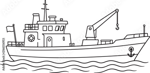 Принти на полотні Old steam ship sailing on water with crane and anchor vector illustration