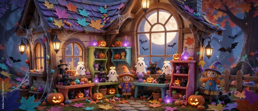 Fototapeta premium Whimsical Halloween cottage with pumpkins, friendly ghosts, black cats, witch dolls, bats and autumn decorations in a magical forest