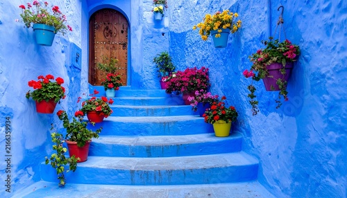 Charming blue painted stairway decorated with flower pots leading to a wooden doorway in morocco blue stairs wooden door