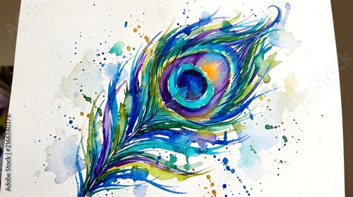 Vibrant Peacock Feather Watercolor Illustration with Artistic Splashes on White Background