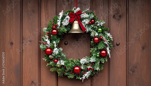 Christmas wreath hanging on a rustic wooden door decorated with red baubles and a golden bell holiday decoration winter holid