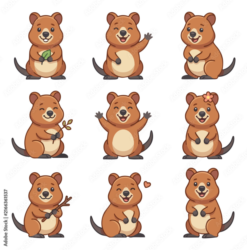 Fototapeta premium Cute cartoon marsupial character collection smiling and waving