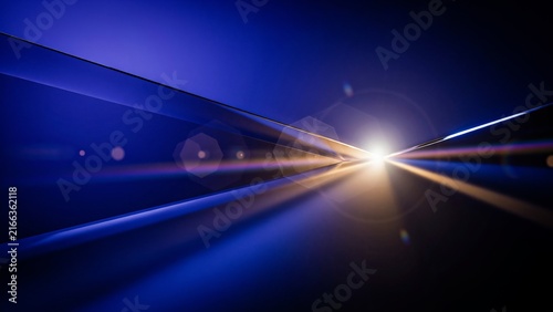 Abstract futuristic blue vector background with golden light beam shining through dark space.