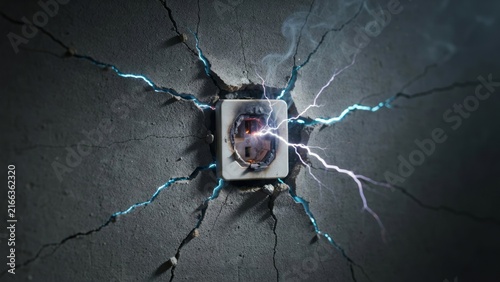 Damaged electrical outlet with blue sparks and smoke from wall cracks shows short circuiting.
